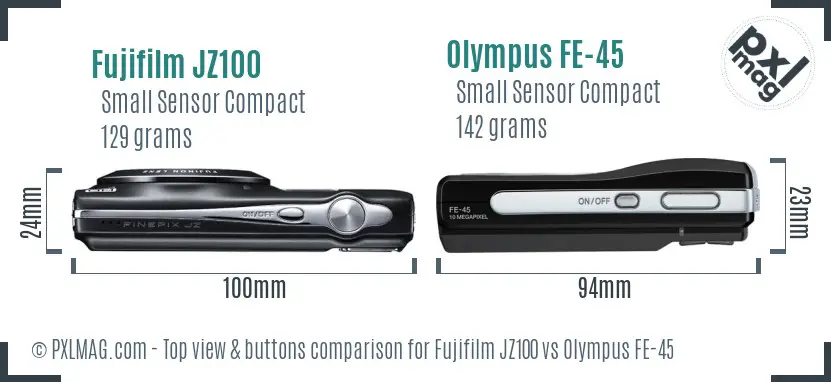 Fujifilm JZ100 vs Olympus FE-45 top view buttons comparison Fujifilm JZ100 vs Olympus FE-45 top view buttons comparison
