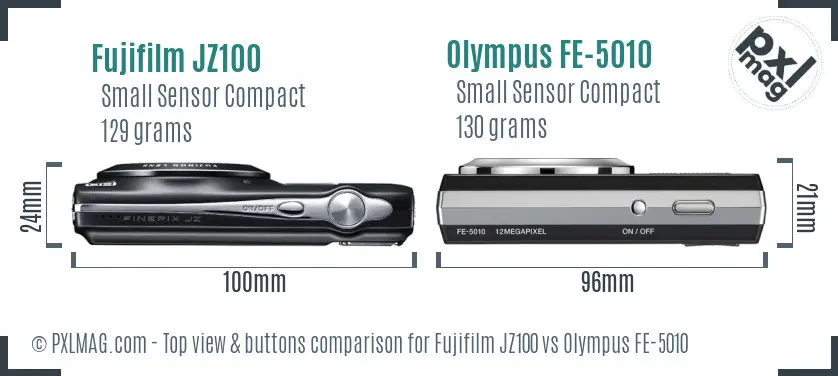 Fujifilm JZ100 vs Olympus FE-5010 top view buttons comparison
