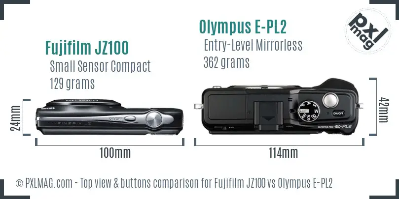 Fujifilm JZ100 vs Olympus E-PL2 top view buttons comparison