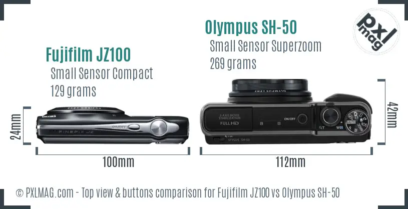 Fujifilm JZ100 vs Olympus SH-50 top view buttons comparison