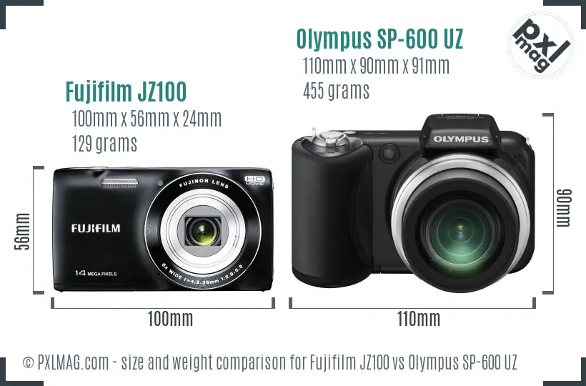Fujifilm JZ100 vs Olympus SP-600 UZ size comparison Fujifilm JZ100 vs Olympus SP-600 UZ size comparison
