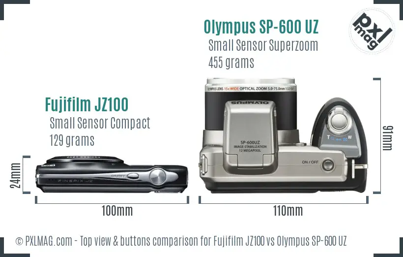 Fujifilm JZ100 vs Olympus SP-600 UZ top view buttons comparison Fujifilm JZ100 vs Olympus SP-600 UZ top view buttons comparison