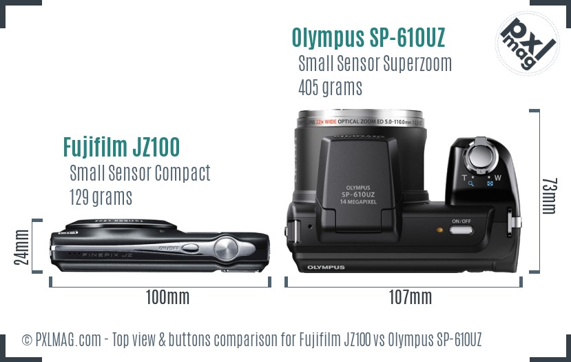 Fujifilm JZ100 vs Olympus SP-610UZ top view buttons comparison