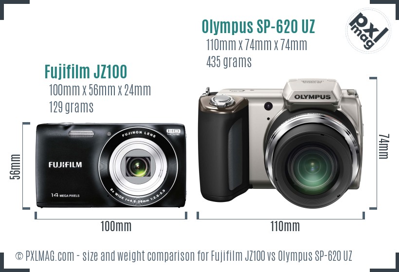 Fujifilm JZ100 vs Olympus SP-620 UZ size comparison Fujifilm JZ100 vs Olympus SP-620 UZ size comparison
