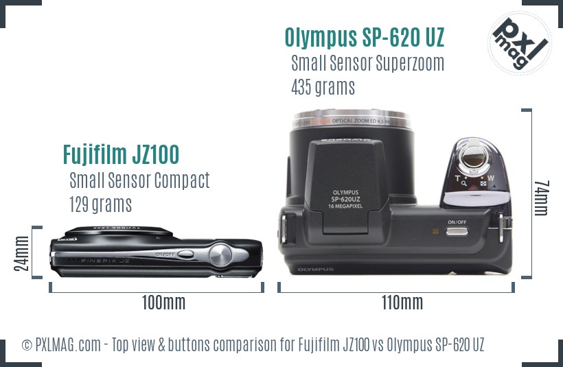 Fujifilm JZ100 vs Olympus SP-620 UZ top view buttons comparison