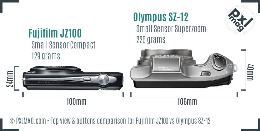 Fujifilm JZ100 vs Olympus SZ-12 top view buttons comparison