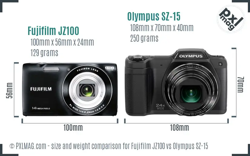 Fujifilm JZ100 vs Olympus SZ-15 size comparison