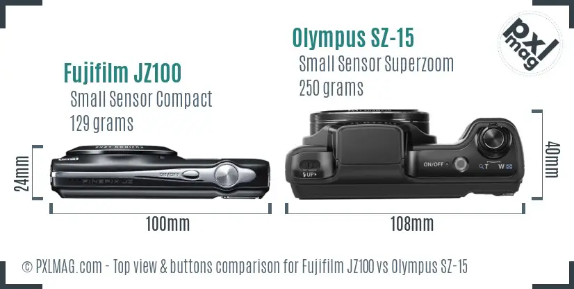 Fujifilm JZ100 vs Olympus SZ-15 top view buttons comparison
