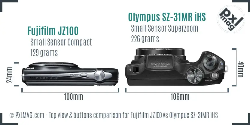 Fujifilm JZ100 vs Olympus SZ-31MR iHS top view buttons comparison