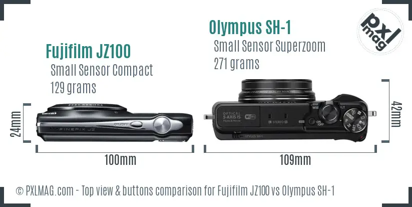 Fujifilm JZ100 vs Olympus SH-1 top view buttons comparison