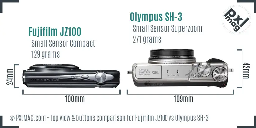 Fujifilm JZ100 vs Olympus SH-3 top view buttons comparison