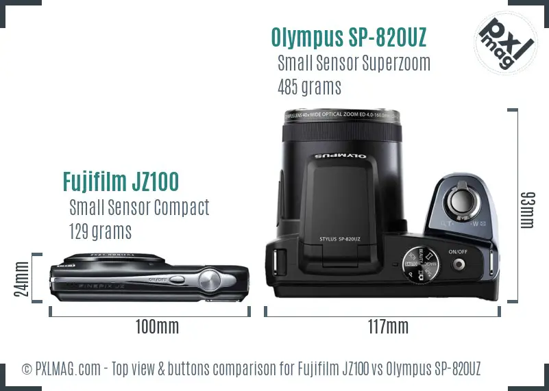 Fujifilm JZ100 vs Olympus SP-820UZ top view buttons comparison