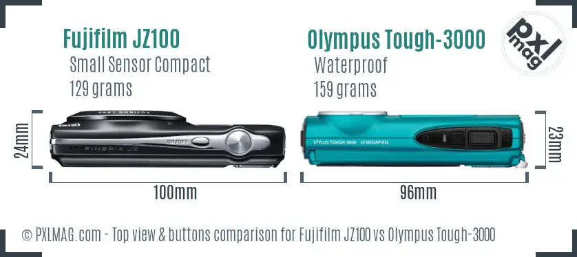 Fujifilm JZ100 vs Olympus Tough-3000 top view buttons comparison