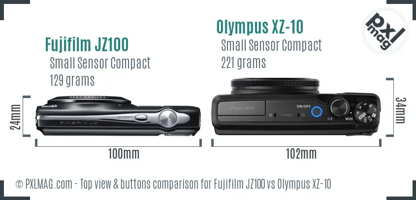 Fujifilm JZ100 vs Olympus XZ-10 top view buttons comparison