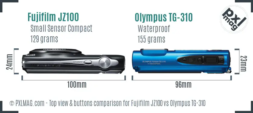 Fujifilm JZ100 vs Olympus TG-310 top view buttons comparison