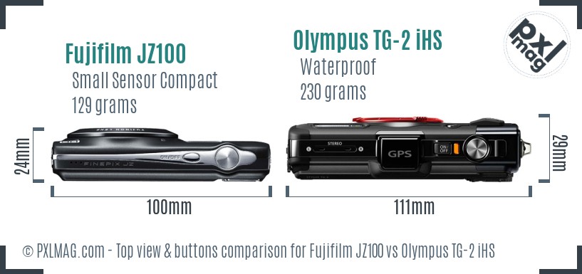 Fujifilm JZ100 vs Olympus TG-2 iHS top view buttons comparison