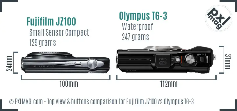 Fujifilm JZ100 vs Olympus TG-3 top view buttons comparison