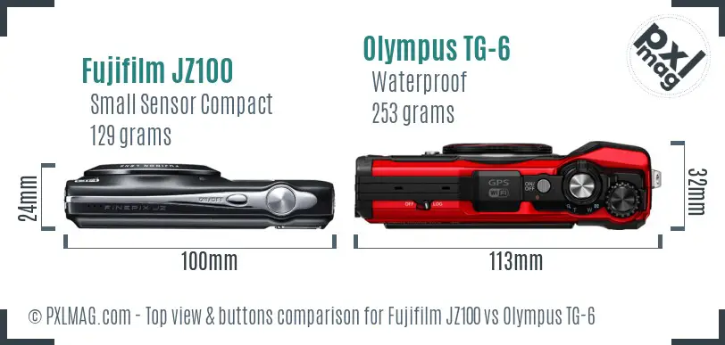 Fujifilm JZ100 vs Olympus TG-6 top view buttons comparison Fujifilm JZ100 vs Olympus TG-6 top view buttons comparison