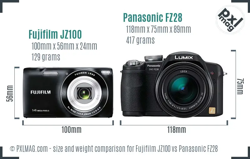 Fujifilm JZ100 vs Panasonic FZ28 size comparison