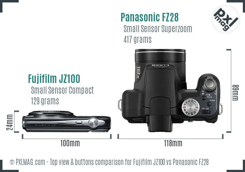 Fujifilm JZ100 vs Panasonic FZ28 top view buttons comparison