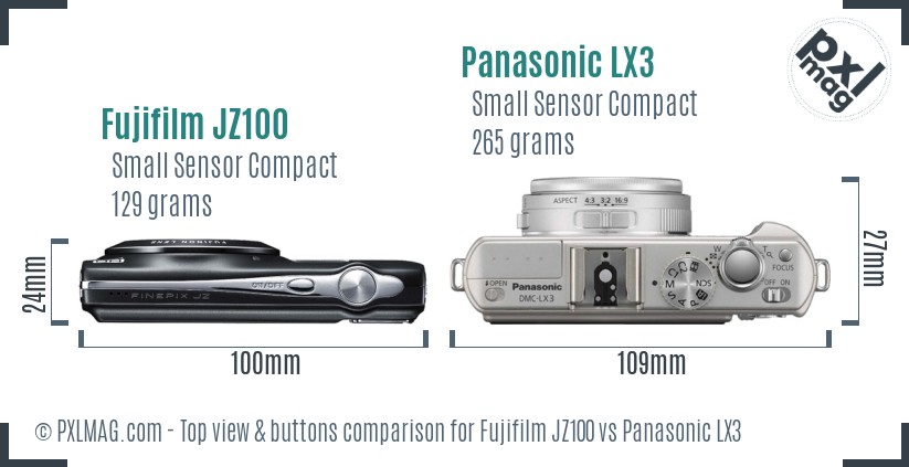 Fujifilm JZ100 vs Panasonic LX3 top view buttons comparison