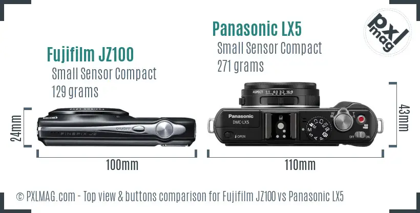 Fujifilm JZ100 vs Panasonic LX5 top view buttons comparison
