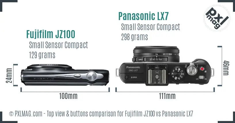 Fujifilm JZ100 vs Panasonic LX7 top view buttons comparison