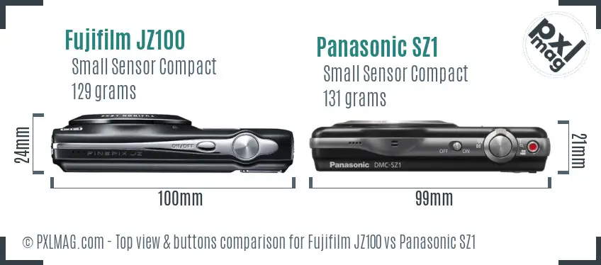 Fujifilm JZ100 vs Panasonic SZ1 top view buttons comparison Fujifilm JZ100 vs Panasonic SZ1 top view buttons comparison