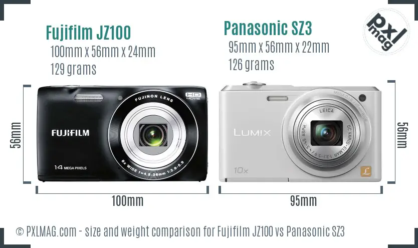 Fujifilm JZ100 vs Panasonic SZ3 size comparison