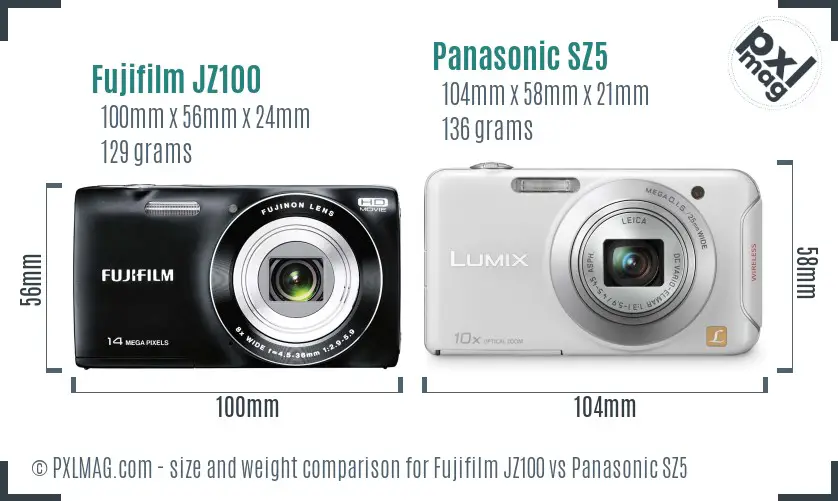 Fujifilm JZ100 vs Panasonic SZ5 size comparison