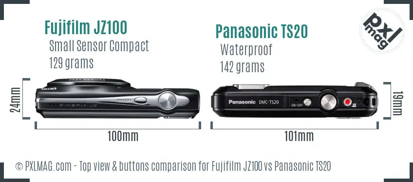 Fujifilm JZ100 vs Panasonic TS20 top view buttons comparison Fujifilm JZ100 vs Panasonic TS20 top view buttons comparison