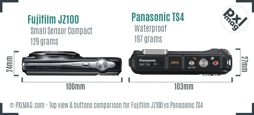 Fujifilm JZ100 vs Panasonic TS4 top view buttons comparison Fujifilm JZ100 vs Panasonic TS4 top view buttons comparison