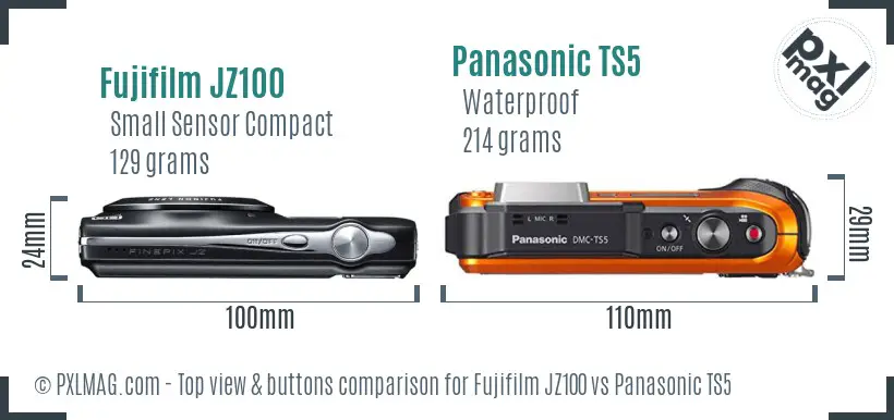 Fujifilm JZ100 vs Panasonic TS5 top view buttons comparison Fujifilm JZ100 vs Panasonic TS5 top view buttons comparison