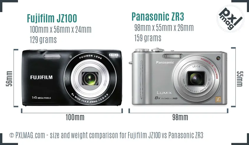 Fujifilm JZ100 vs Panasonic ZR3 size comparison Fujifilm JZ100 vs Panasonic ZR3 size comparison