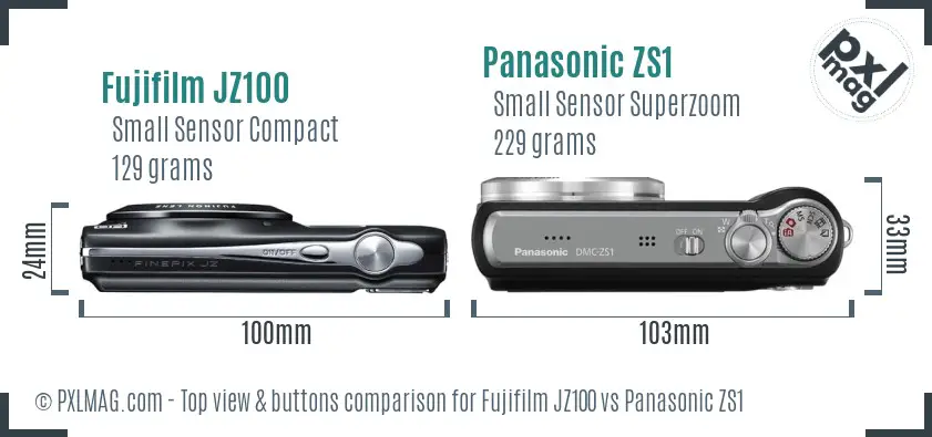 Fujifilm JZ100 vs Panasonic ZS1 top view buttons comparison
