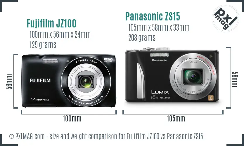 Fujifilm JZ100 vs Panasonic ZS15 size comparison