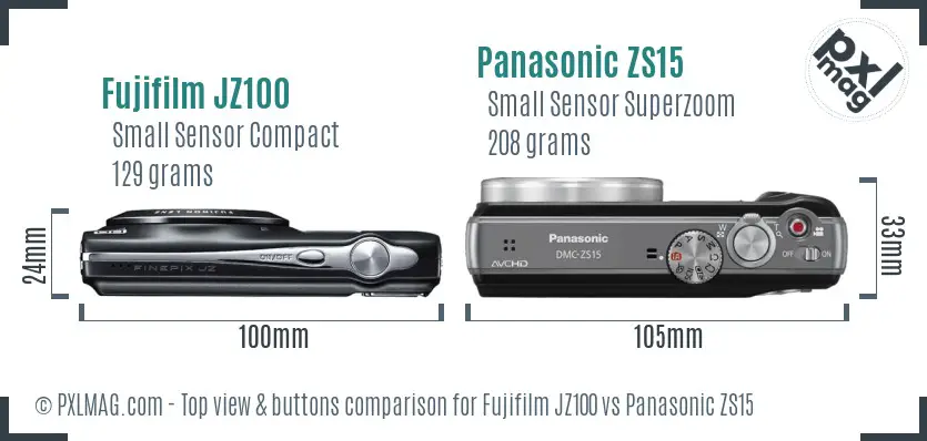 Fujifilm JZ100 vs Panasonic ZS15 top view buttons comparison