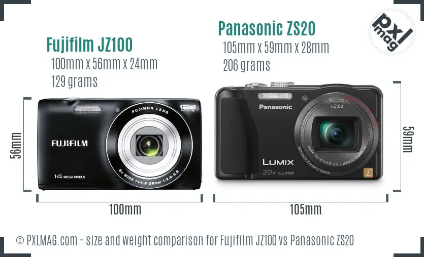 Fujifilm JZ100 vs Panasonic ZS20 size comparison