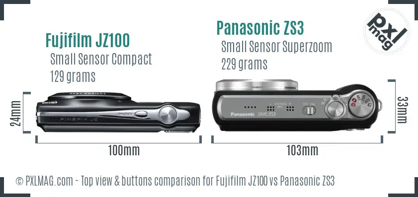 Fujifilm JZ100 vs Panasonic ZS3 top view buttons comparison