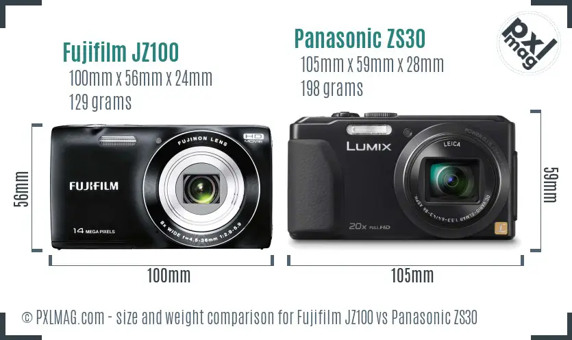 Fujifilm JZ100 vs Panasonic ZS30 size comparison