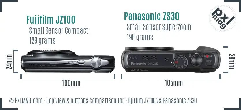 Fujifilm JZ100 vs Panasonic ZS30 top view buttons comparison