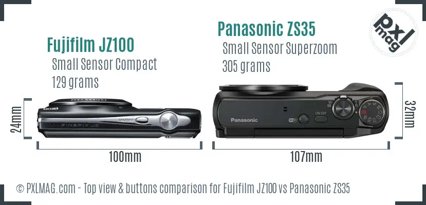 Fujifilm JZ100 vs Panasonic ZS35 top view buttons comparison Fujifilm JZ100 vs Panasonic ZS35 top view buttons comparison