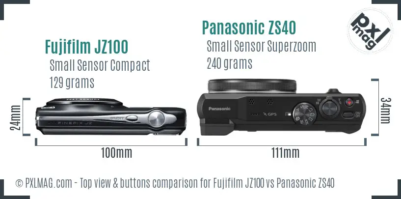 Fujifilm JZ100 vs Panasonic ZS40 top view buttons comparison