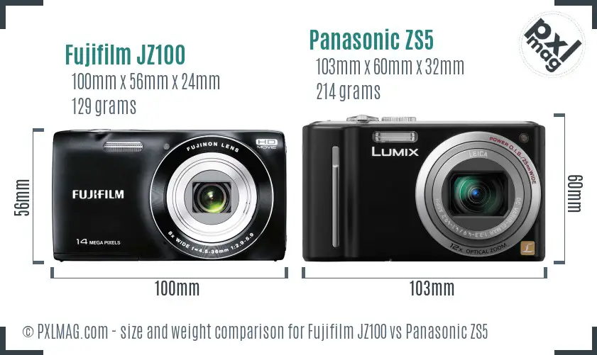 Fujifilm JZ100 vs Panasonic ZS5 size comparison