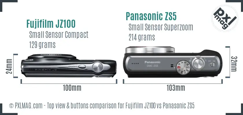 Fujifilm JZ100 vs Panasonic ZS5 top view buttons comparison