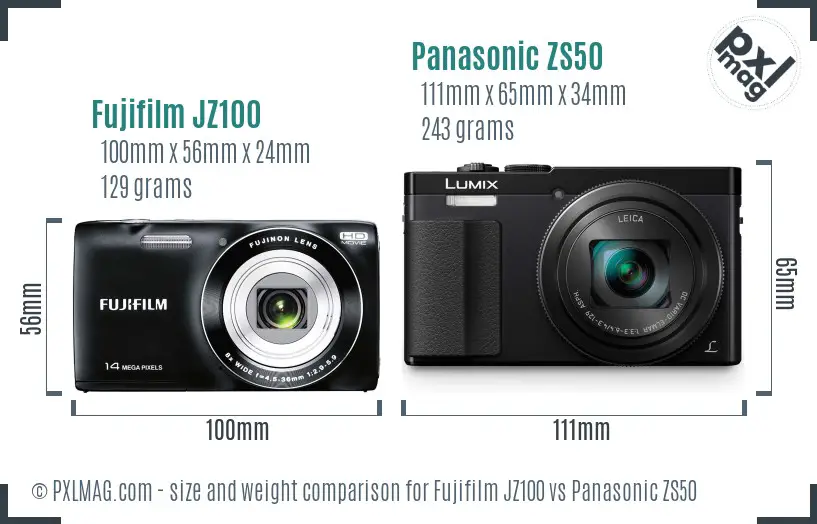 Fujifilm JZ100 vs Panasonic ZS50 size comparison