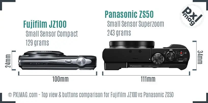 Fujifilm JZ100 vs Panasonic ZS50 top view buttons comparison