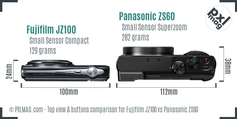 Fujifilm JZ100 vs Panasonic ZS60 top view buttons comparison