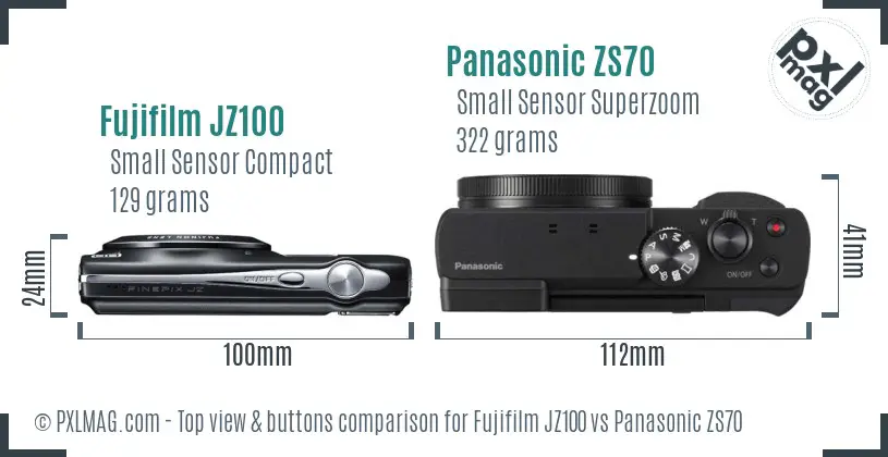Fujifilm JZ100 vs Panasonic ZS70 top view buttons comparison Fujifilm JZ100 vs Panasonic ZS70 top view buttons comparison