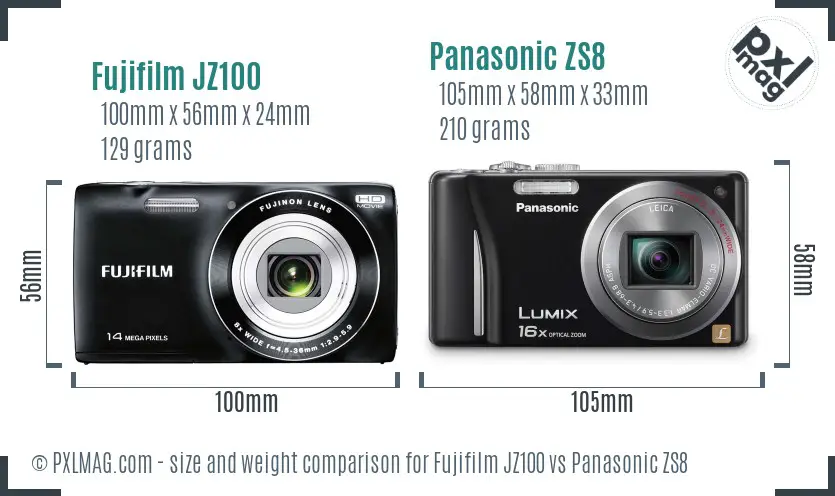 Fujifilm JZ100 vs Panasonic ZS8 size comparison